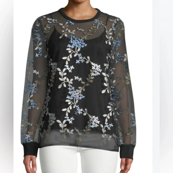 Elie Tahari Sheer Embroidered Top Val Floral Blouse Size Large New - Picture 1 of 12